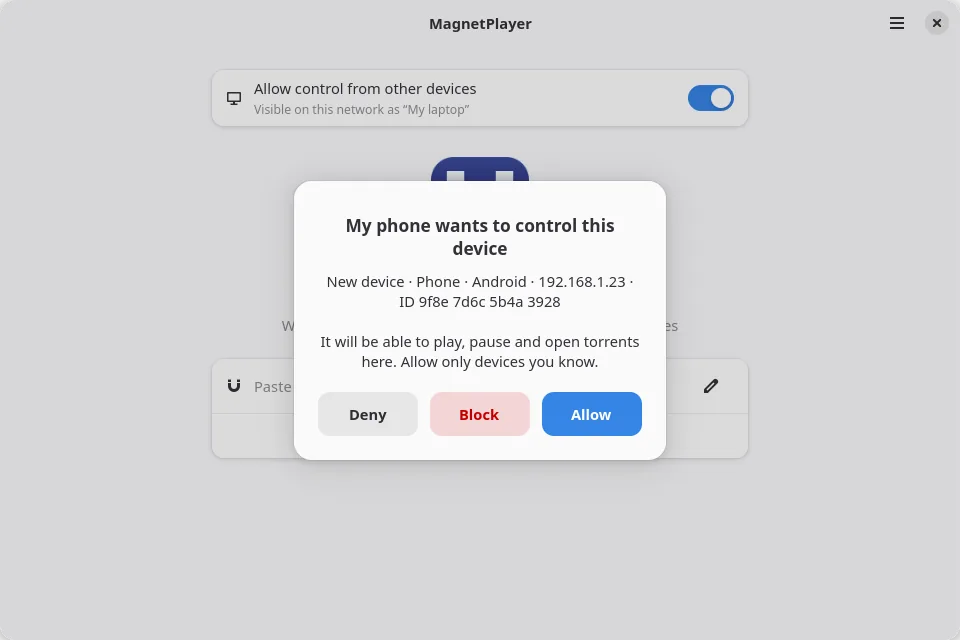 A computer asks: “My phone wants to control this device”, with Deny, Block and Allow