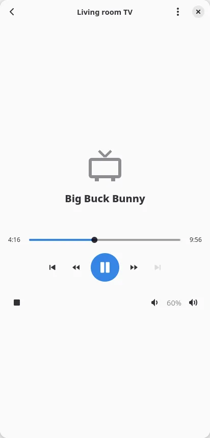 The Remote page on a phone for the living room TV: Big Buck Bunny playing at 4:16 of 9:56, with the seek bar, ±10 s, play and pause, stop and volume