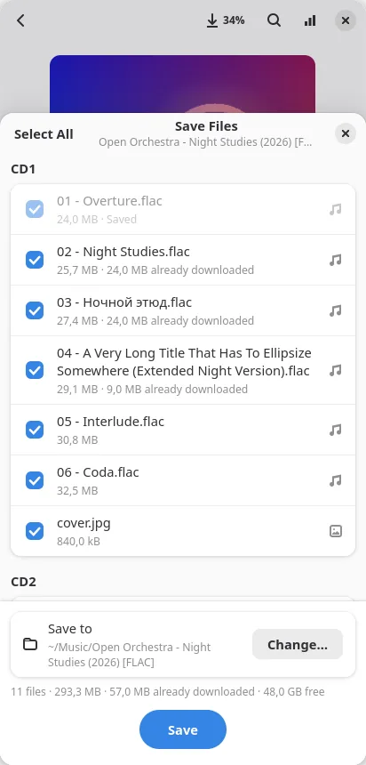 The Save Files sheet on a phone with tracks selected