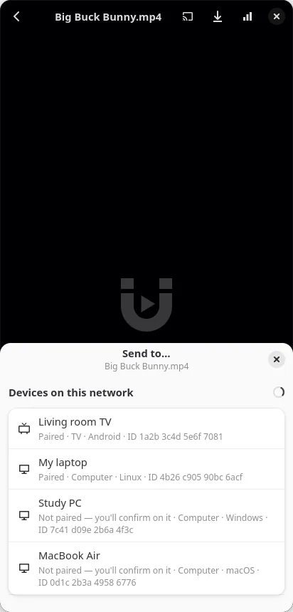 The “Send to…” sheet over the player on a phone: the living room TV, a Linux laptop, a Windows PC and a MacBook Air