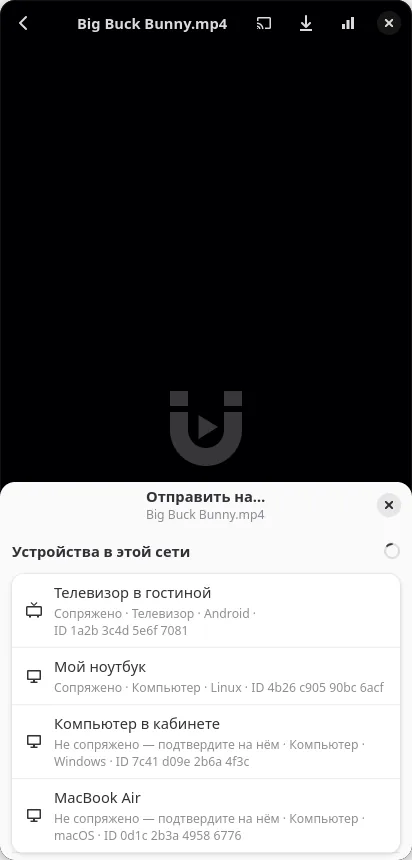 Панель «Отправить на…» поверх плеера на телефоне: телевизор в гостиной, ноутбук с Linux, компьютер с Windows и MacBook Air