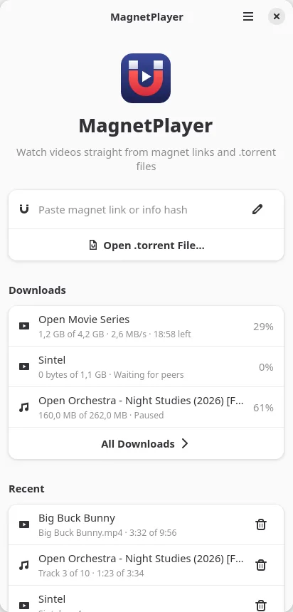 MagnetPlayer start screen on a phone: paste a magnet link or open a .torrent file